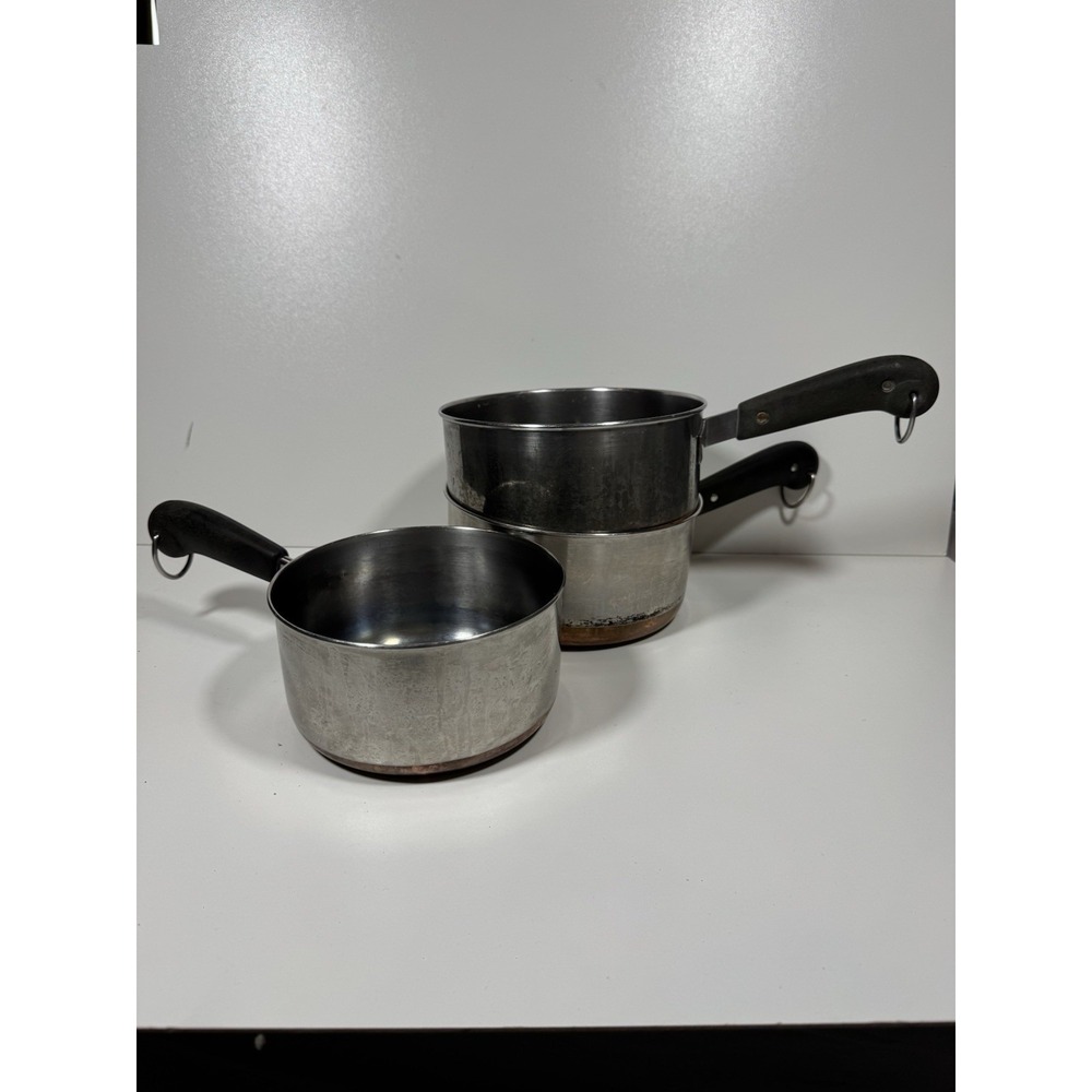 Vtg Revere Ware Copper Bottom Saucepan Set of 3 Stainless Steel 2 Qt 3 Qt No Lid